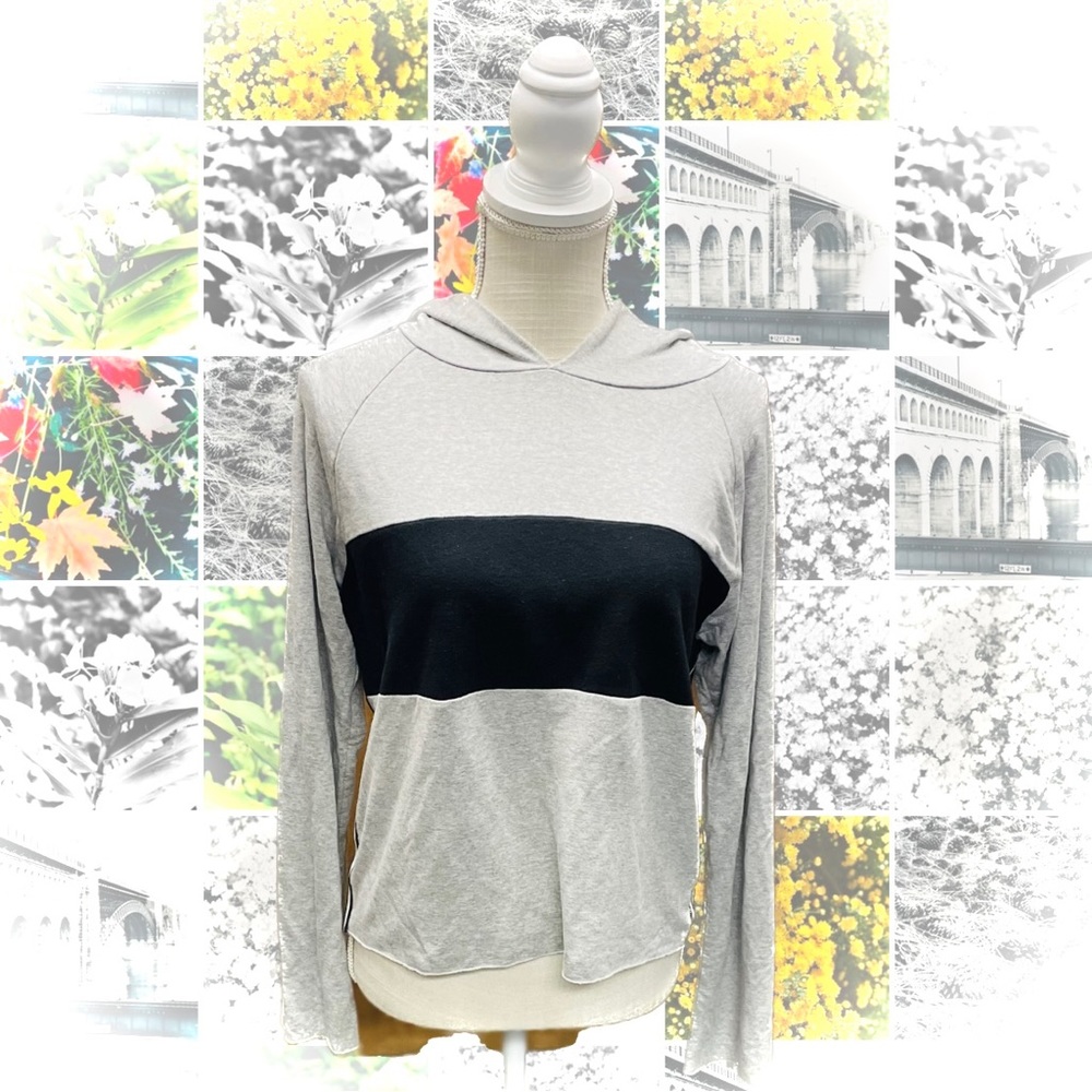 A FINE LINE | S | Crop Raw Hem Hoodie Pullover Bell Striped Colorblock Trim Top
